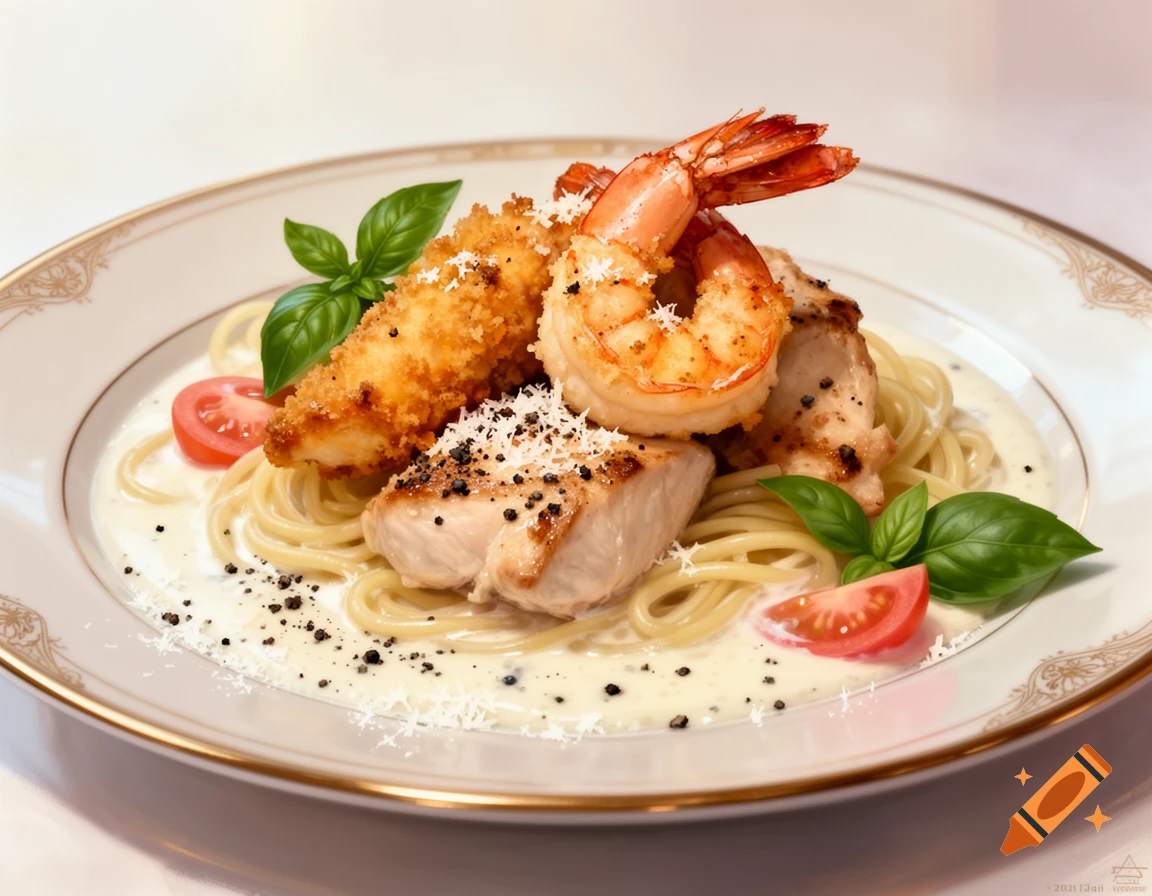 Photorealistic pasta dish with cream sauce, fried and grilled chicken, shrimp, basil, and tomato slices on an ornate plate.