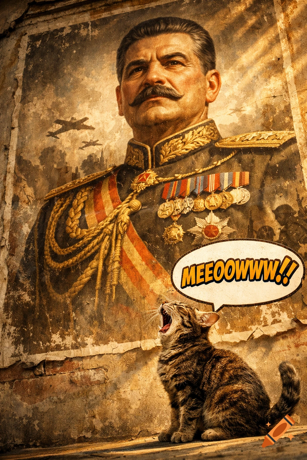 A tabby cat yells "MEEOOWWW!!" from a speech bubble at an old, peeling propaganda poster of Joseph Stalin in military uniform.