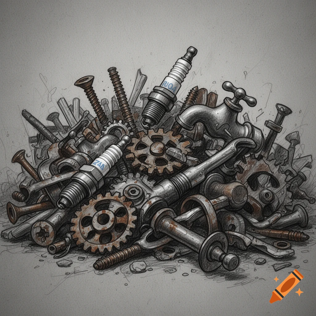 A grunge sketch of a pile of metal scrap including screws, gears, spark plugs, and a faucet.