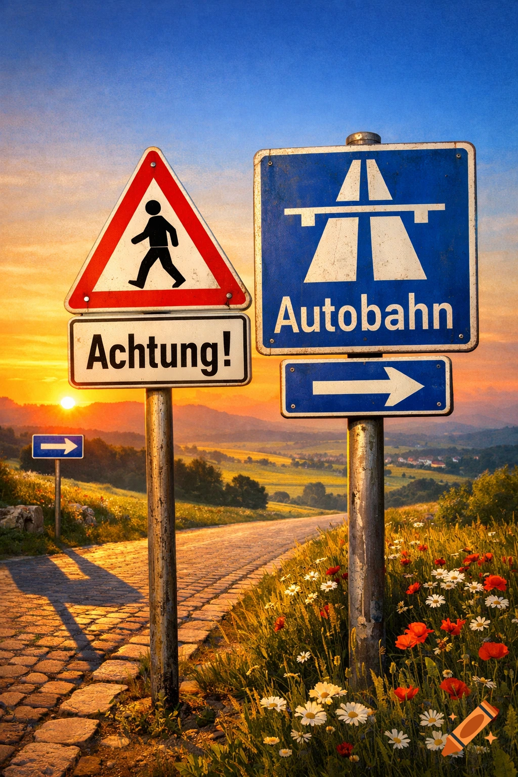 German road signs for 'Achtung!' and 'Autobahn' along a stone path with wildflowers at sunset.