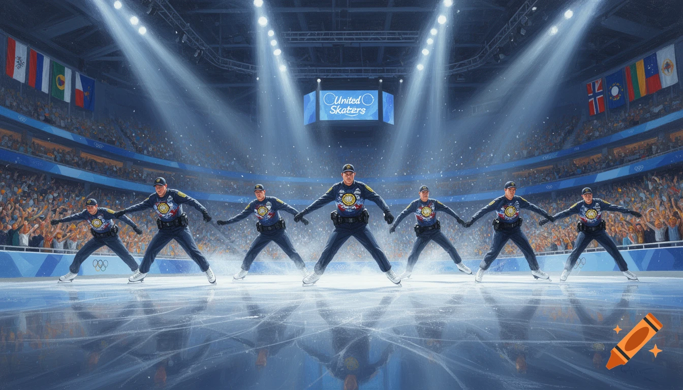 Seven uniformed agents ice skate in formation on a brightly lit arena ice rink with a scoreboard displaying 'United Skaters' and flags.