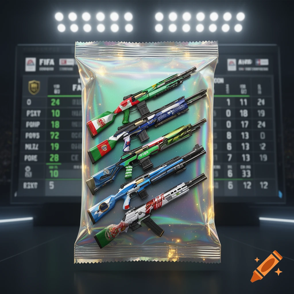 A holographic collectible pack containing five assault rifles custom-painted with various national flags, set against a blurred background of a sports scoreboard.