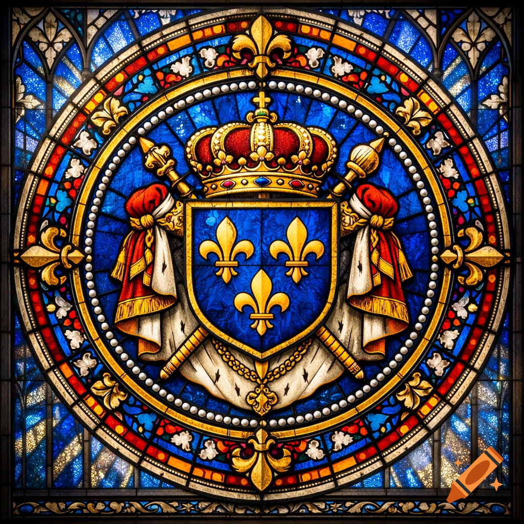 Ornate stained glass window depicting the French royal coat of arms with a blue shield, three golden fleur-de-lis, a crown, scepters, and an ermine mantle.