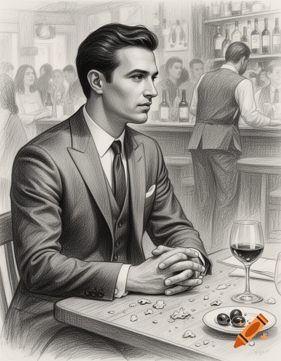 A man in a suit sits at a bar table with wine and olives, rendered as a black and white pencil sketch.