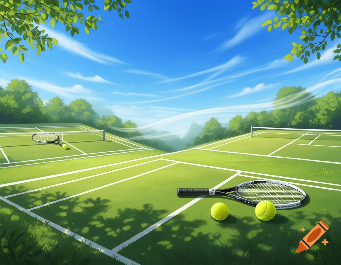 Illustrative view of two green tennis courts with rackets and balls under a bright blue sky, surrounded by trees.