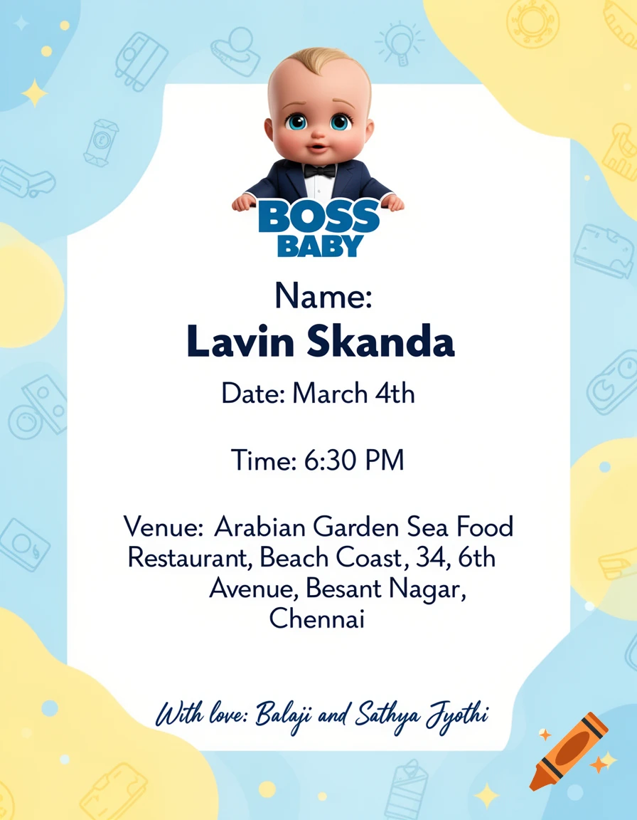 A Boss Baby themed birthday invitation for Lavin Skanda's March 4th party at Arabian Garden Sea Food Restaurant, Chennai, signed by Balaji and Sathya Jyothi.
