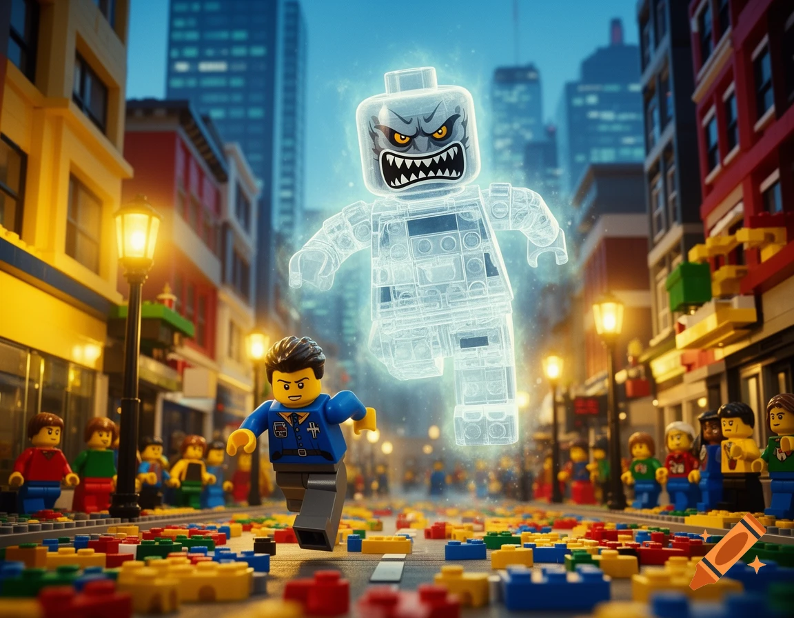 A Lego minifigure runs on a city street littered with bricks, pursued by a glowing transparent Lego ghost with an angry face.