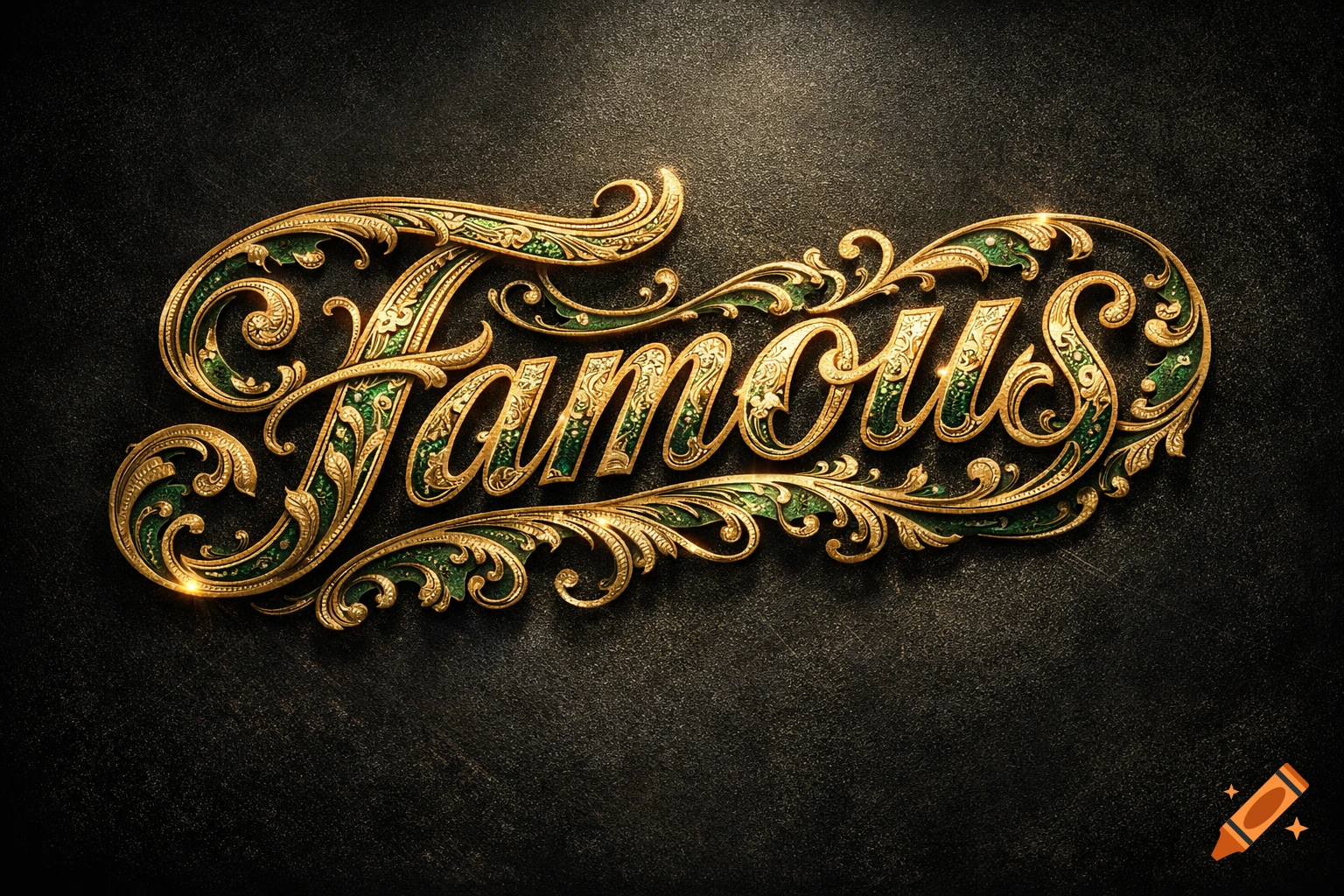 The word 'Famous' rendered in ornate golden script with green filigree details on a dark, textured background.