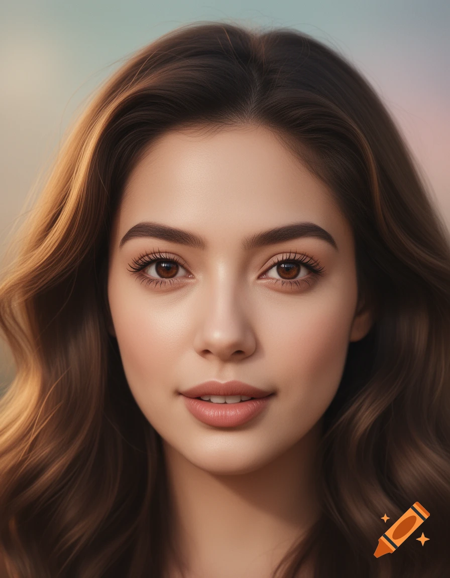 Photorealistic close-up portrait of a young woman with long brown wavy ...