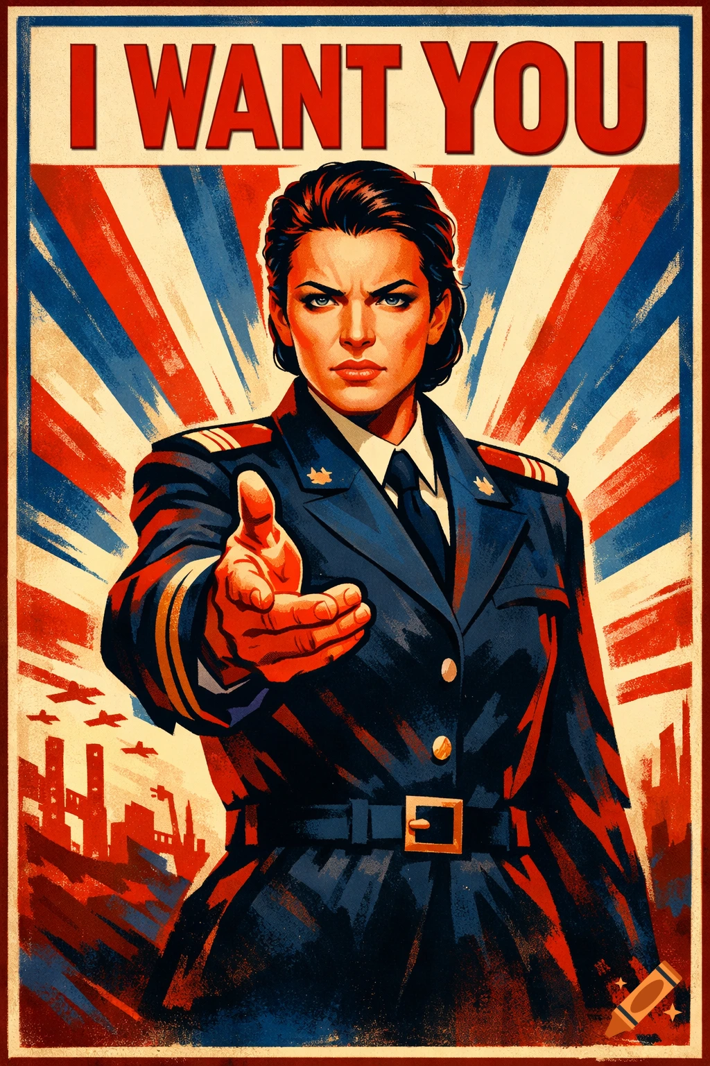 A propaganda poster features a stern woman in a dark blue military uniform pointing directly at the viewer, with 'I WANT YOU' text above.
