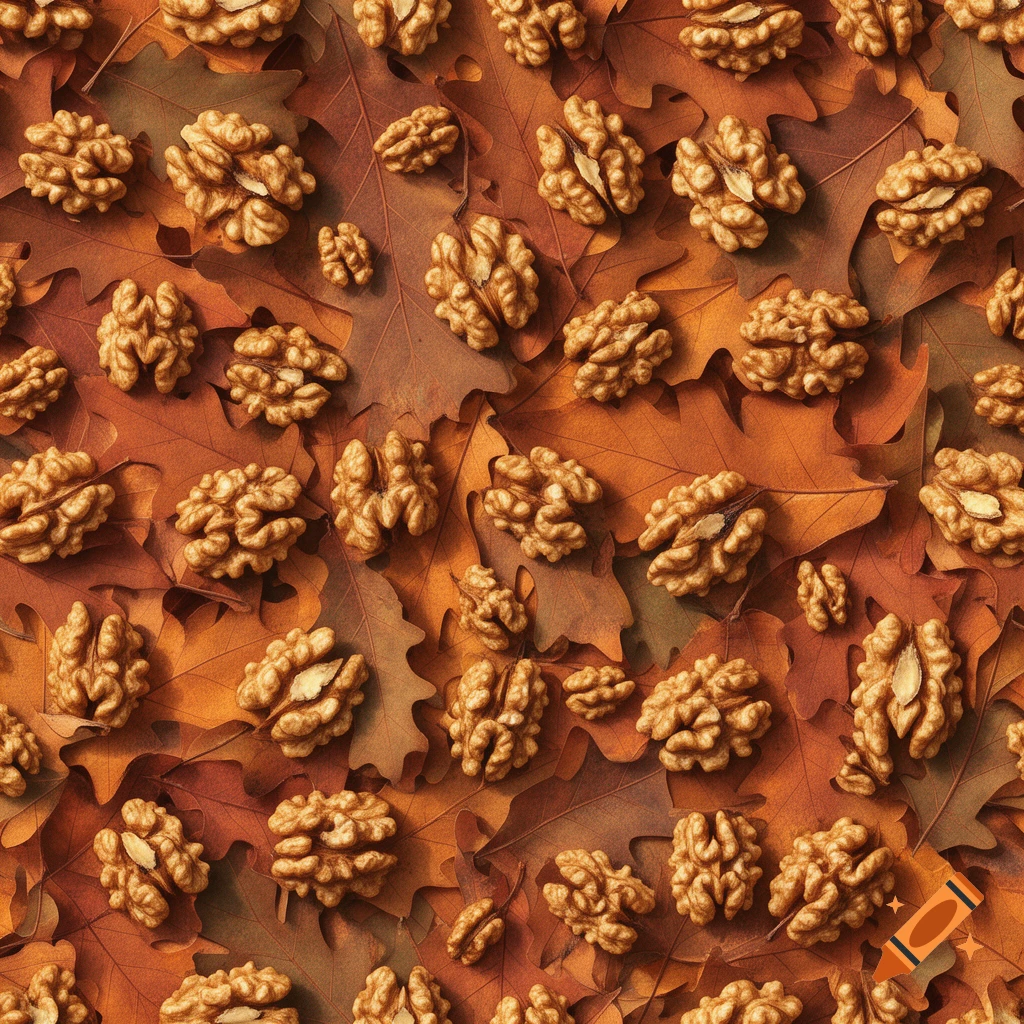 A seamless pattern of shelled walnuts scattered amongst fallen autumn oak leaves, viewed from above.