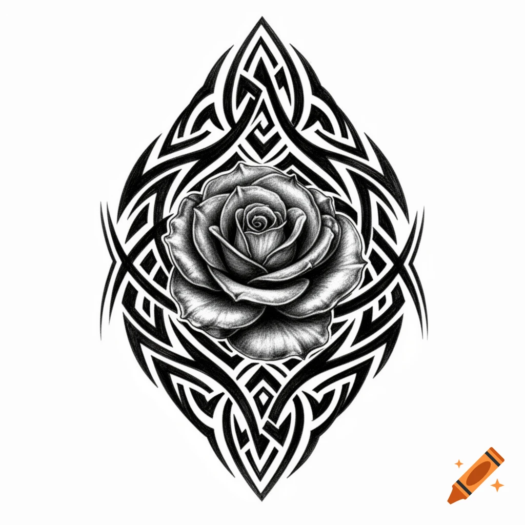 A black and white rose encircled by intricate tribal patterns, resembling a tattoo design.