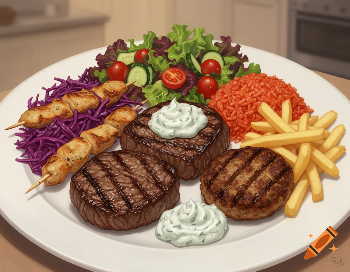 A white plate filled with grilled steaks, chicken skewers, a meat patty, fries, red rice, salad, purple cabbage, and tzatziki.