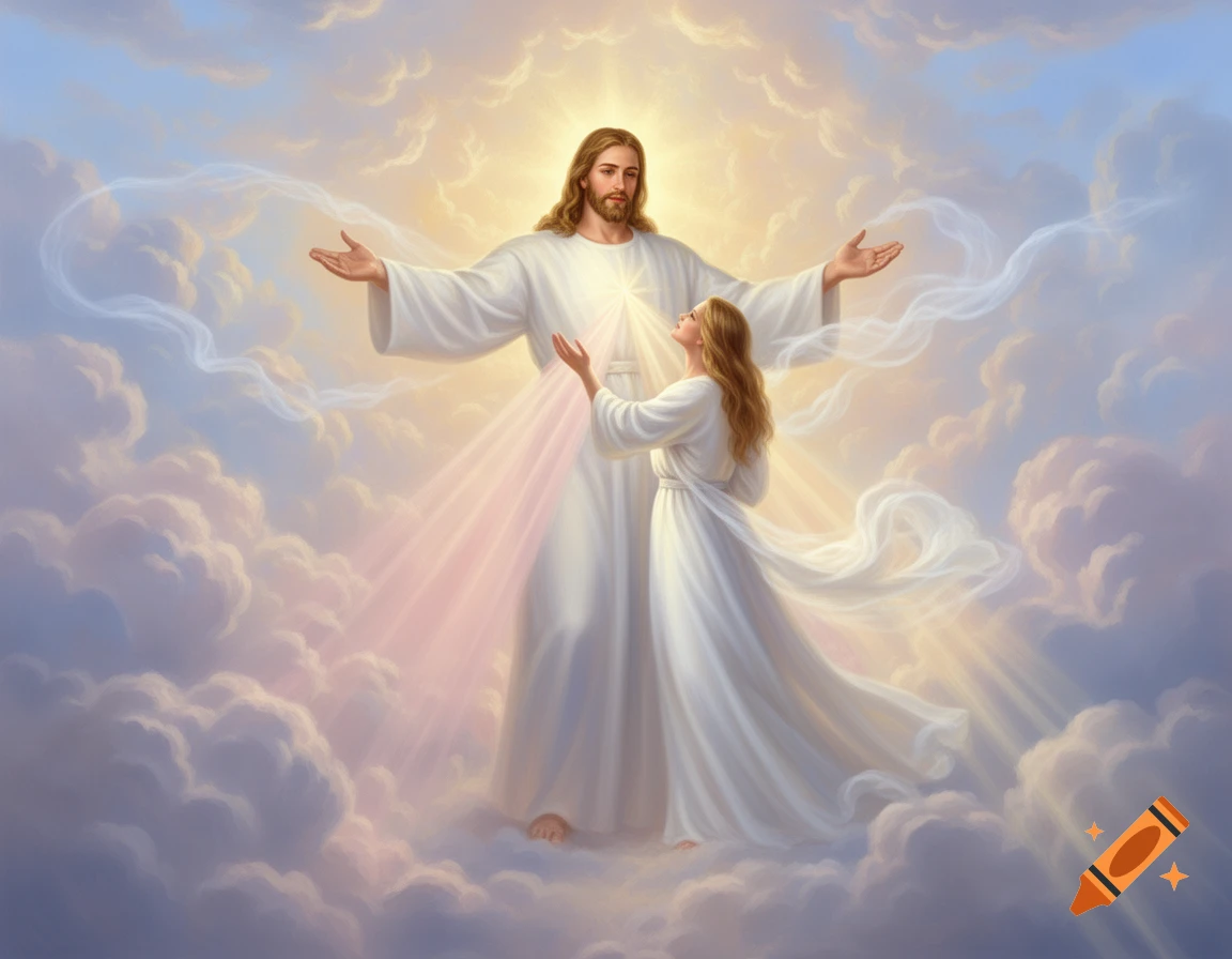 Jesus with open arms and a woman looking up at him, surrounded by glowing clouds and light, in a religious art style.