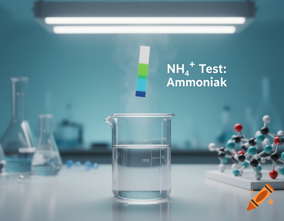 A beaker of clear liquid on a lab bench with a colorful test strip floating above it, showing the text "NH₄⁺ Test: Ammoniak".