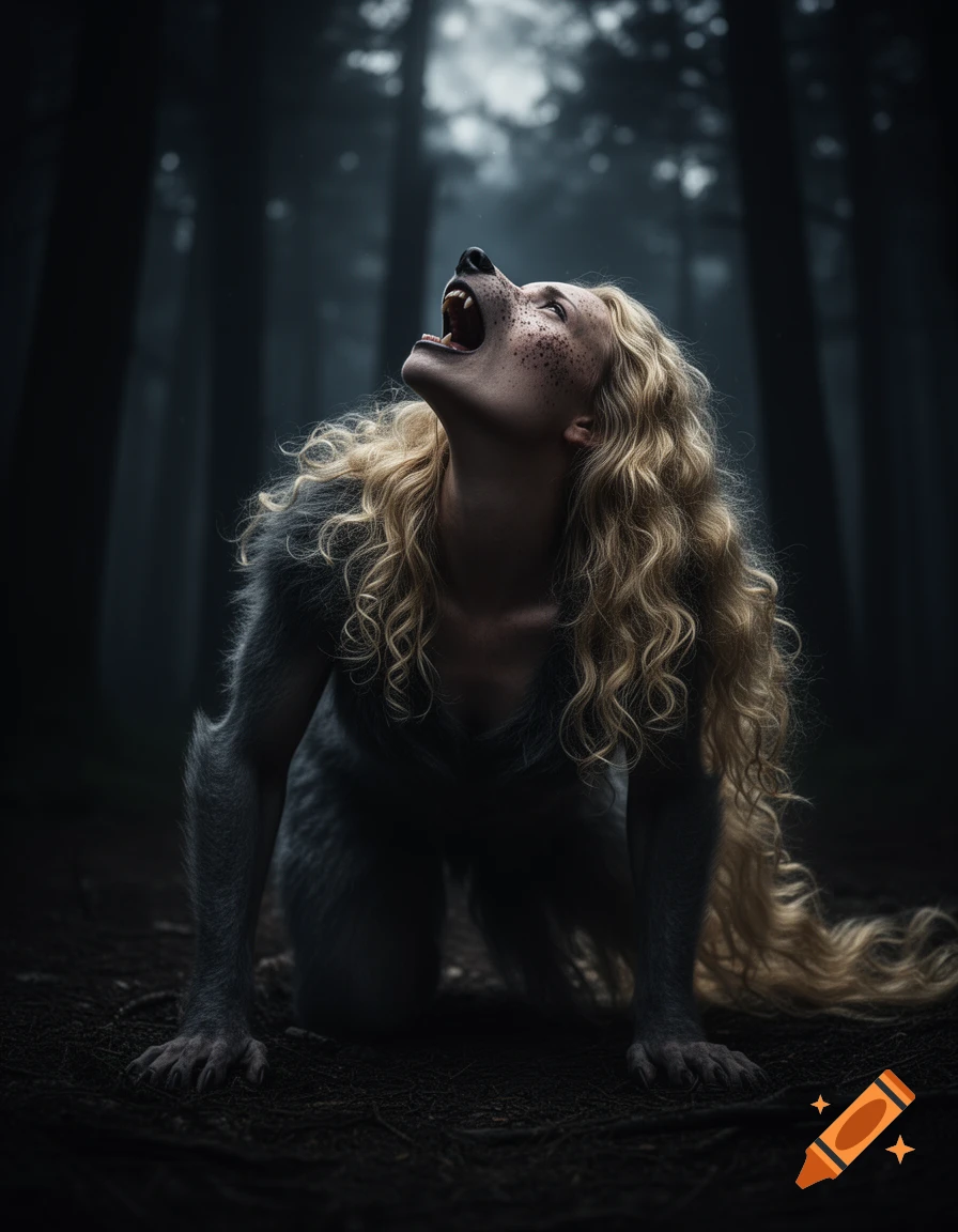Photorealistic image of a woman mid-werewolf transformation, crawling on the ground in a dark forest, howling with her head raised.