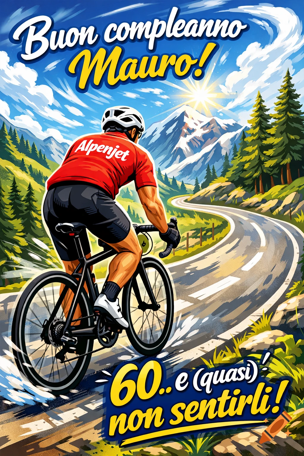 Clipart illustration of a cyclist in a red jersey on a mountain road, with birthday text.
