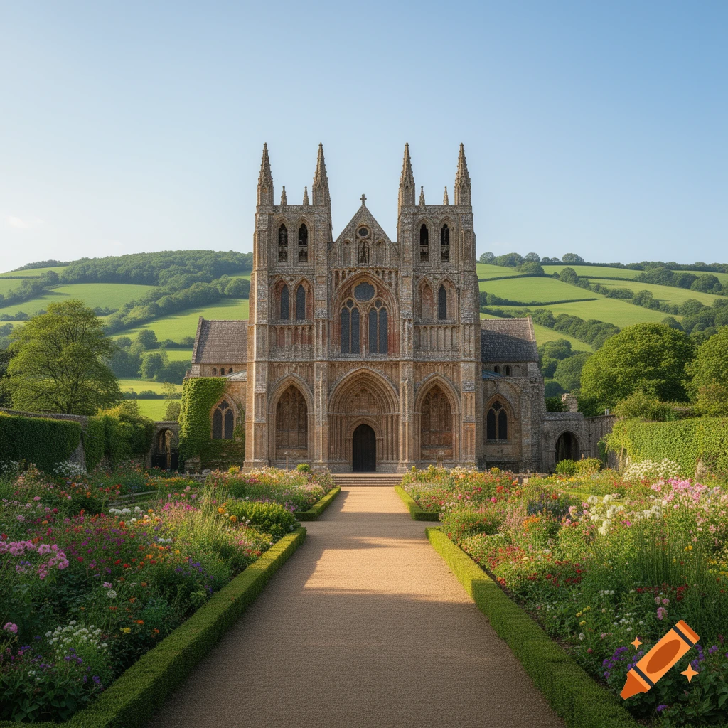 A photorealistic image of a grand Gothic abbey with twin spires, surrounded by vibrant flower gardens and green rolling hills.