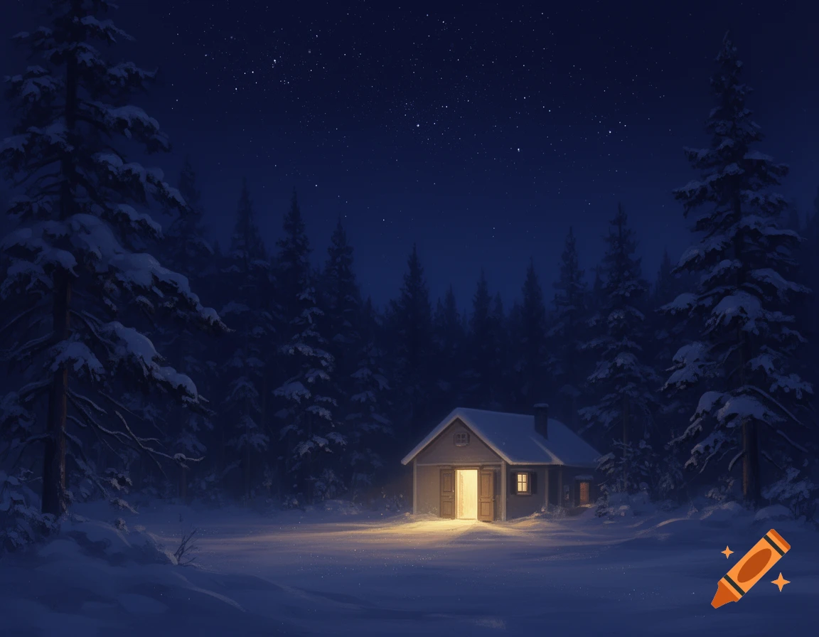 A cozy cabin with an open, glowing doorway nestled in a snowy forest ...