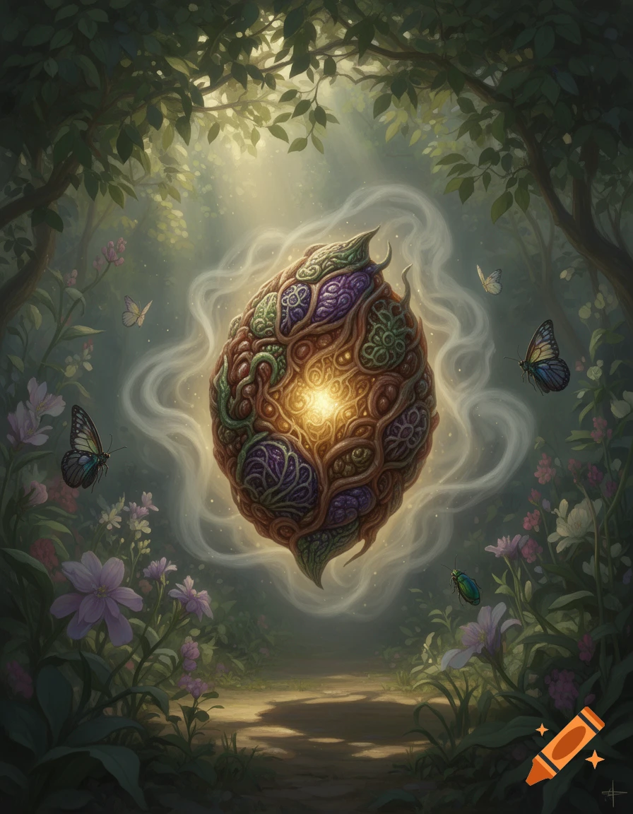 A glowing, textured organic object floats amidst ethereal mist in a lush, sun-dappled fantasy forest with butterflies and flowers.