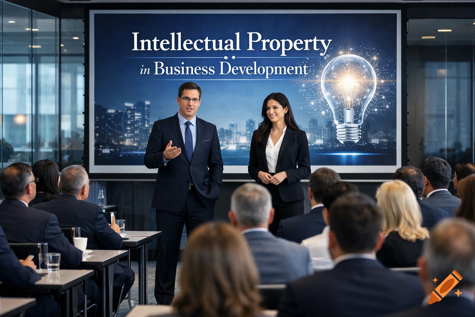 A man and a woman in business attire present "Intellectual Property in Business Development" to a seated audience in a conference room.