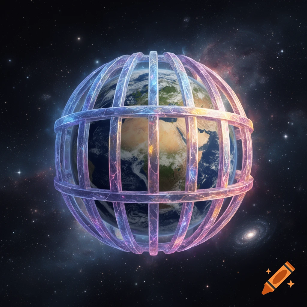 Earth in a translucent, glowing cage floating in a star-filled galaxy.