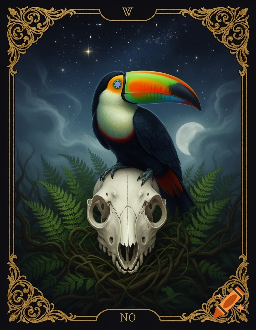 A colorful toucan with white eyes perches on a white animal skull, surrounded by ferns and vines under a starry night sky with a full moon, all within an ornate gold-bordered frame.