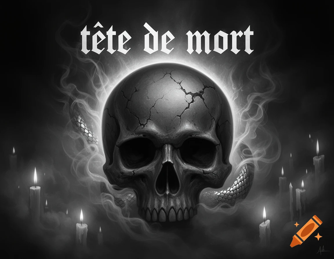 A monochromatic cracked skull with a glowing aura and wisps of smoke, with a snake emerging from its side. Several lit candles surround it, and "tête de mort" text is above.