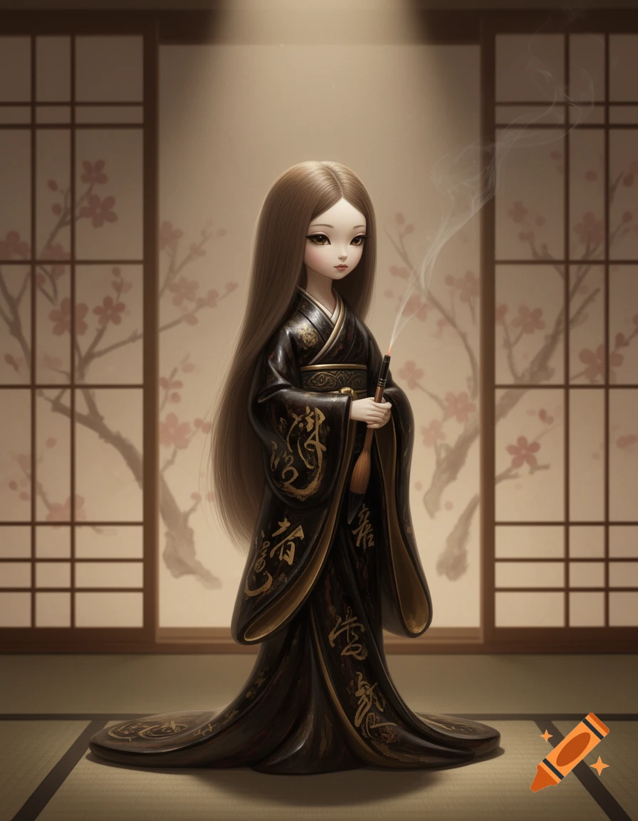 A stylized doll with long brown hair, wearing a black kimono adorned with gold calligraphy patterns, holding a smoking incense stick in a traditional Japanese room.
