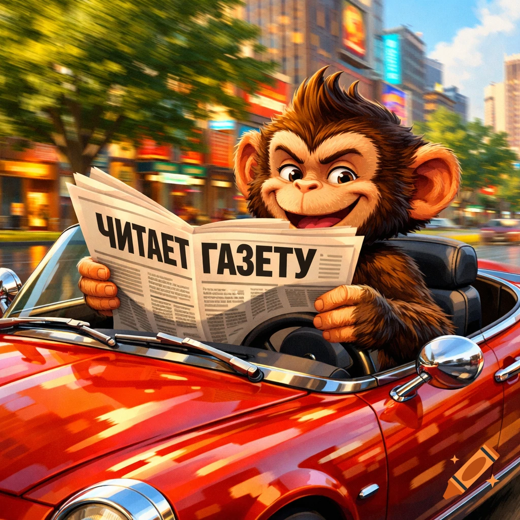 A happy cartoon monkey in a red convertible drives through a city street, reading a newspaper.