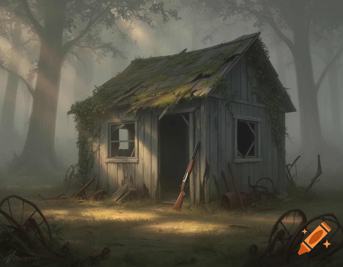 An abandoned wooden shack with a mossy roof and broken windows stands in a foggy, sun-dappled forest, a shotgun leaning against its entrance.