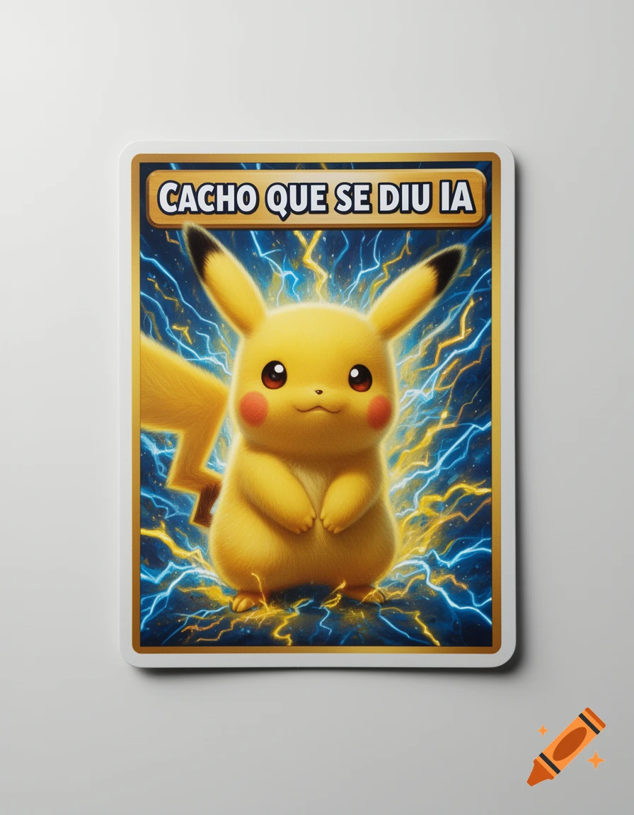 A fluffy Pikachu stands on a trading card with lightning and the text 'CACHO QUE SE DIU IA' above it.