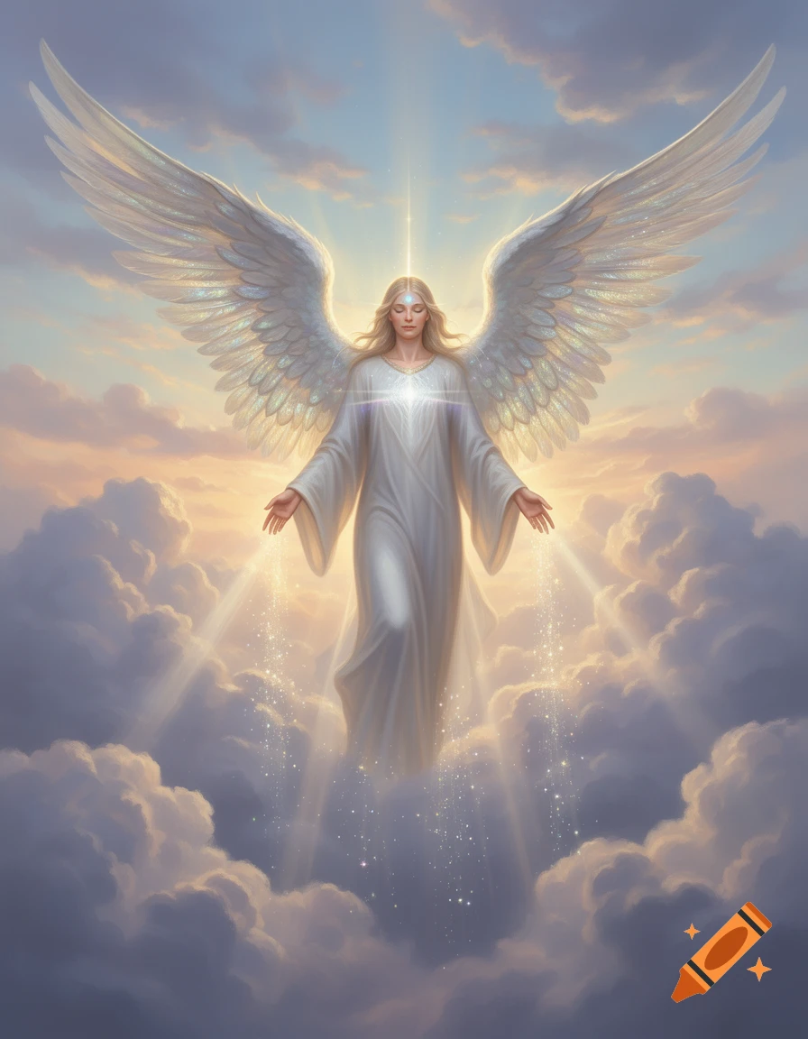 An angel with large white wings, flowing white robe, and glowing light ...