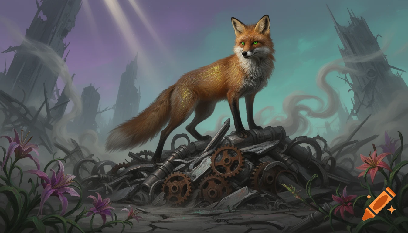 A vibrant fox with green eyes stands on rusted machinery in a ruined cityscape with scattered purple flowers under a twilight sky.