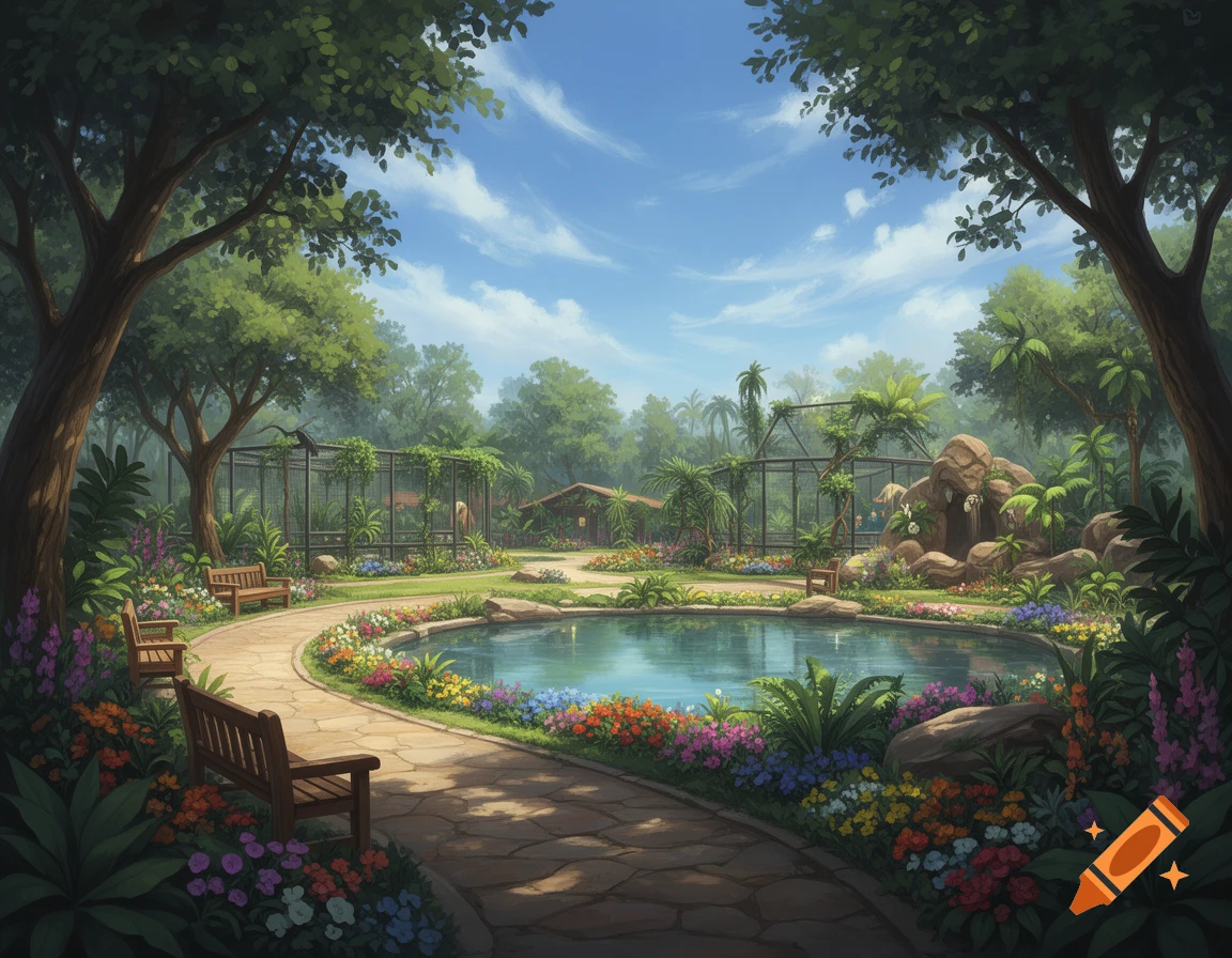 Lush, colorful illustrated zoo landscape with a pond, winding path, benches, trees, flowerbeds, and animal enclosures under a blue sky.