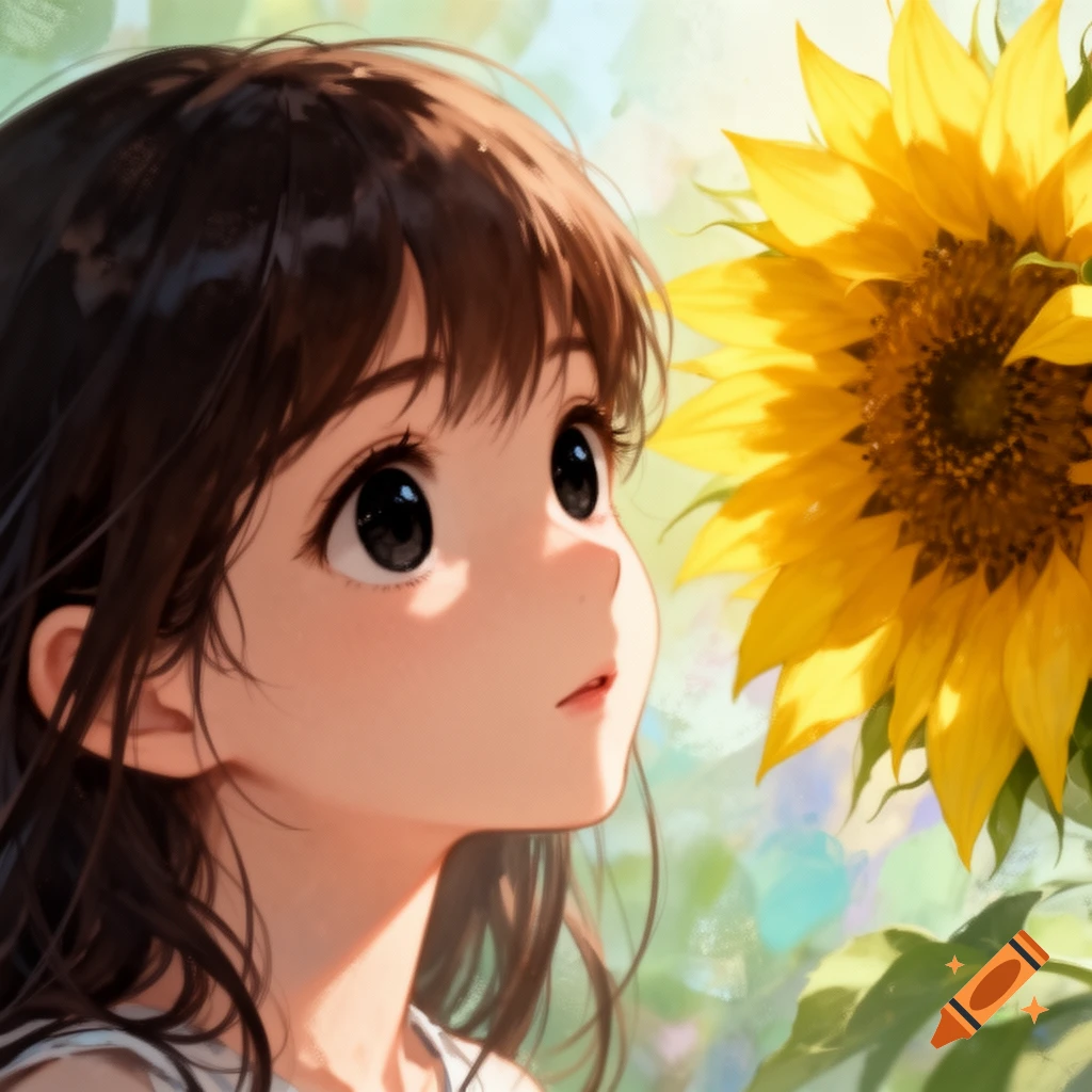 Anime girl with dark brown hair and black eyes gazing at a bright yellow sunflower.