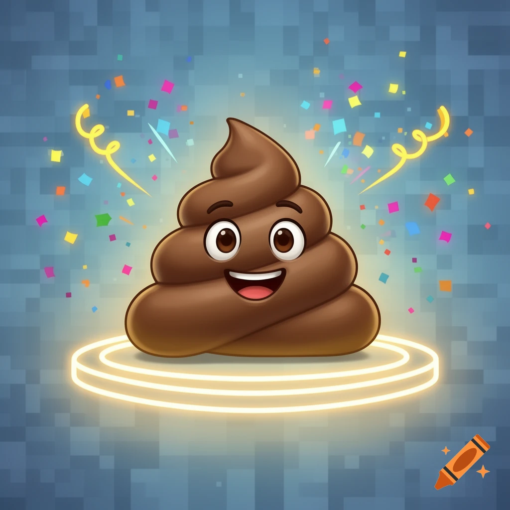 A smiling brown poop emoji stands on a glowing stage surrounded by colorful confetti against a pixelated blue background.