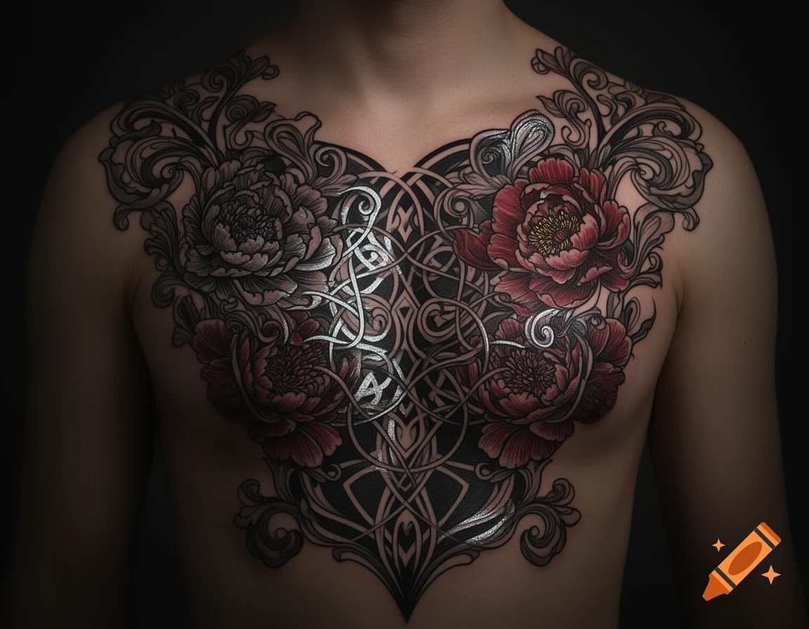 Intricate chest tattoo featuring red and gray peonies, dark scrollwork, and silver Celtic knot patterns on a person's chest.