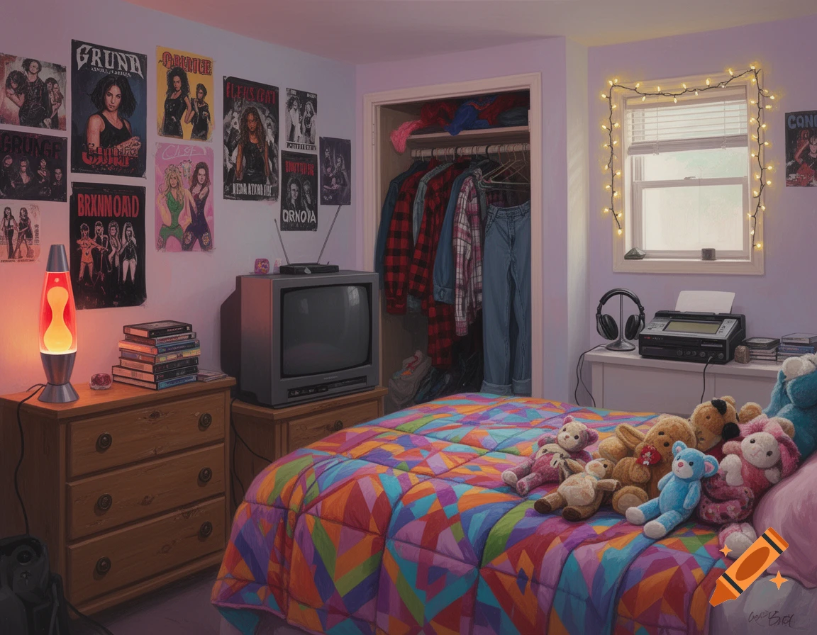 A colorful 1990s teen bedroom with posters, a lava lamp, a CRT TV, a colorful patterned comforter, and several stuffed animals on the bed.