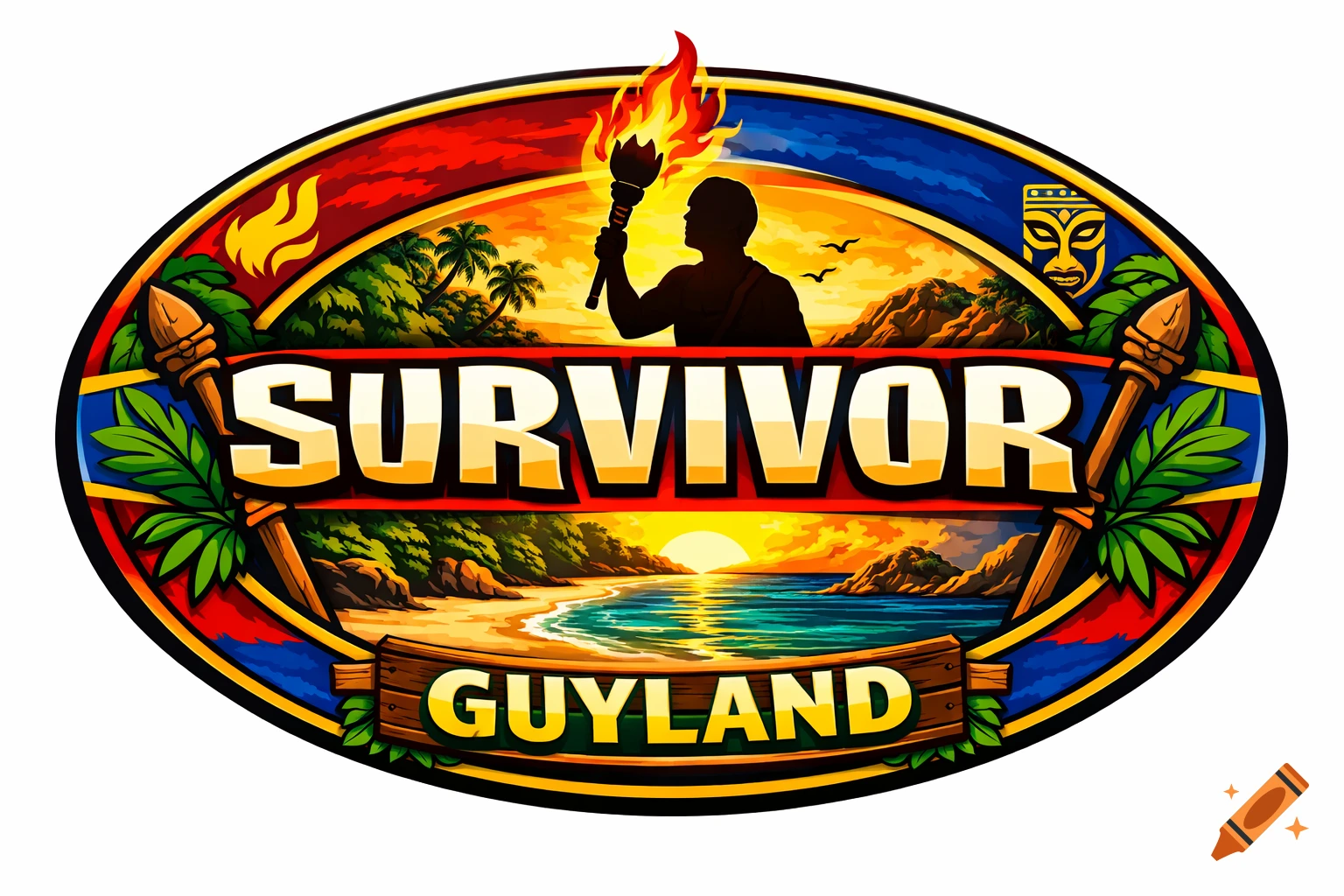 A vibrant "Survivor: Guyland" logo featuring a silhouette holding a flaming torch over a tropical beach at sunset, with a tiki mask.