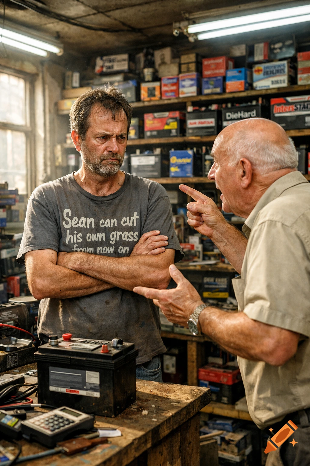 An older bald man argues with a bearded man in a dusty battery shop, whose t-shirt reads 'Sean can cut his own grass from now on'.