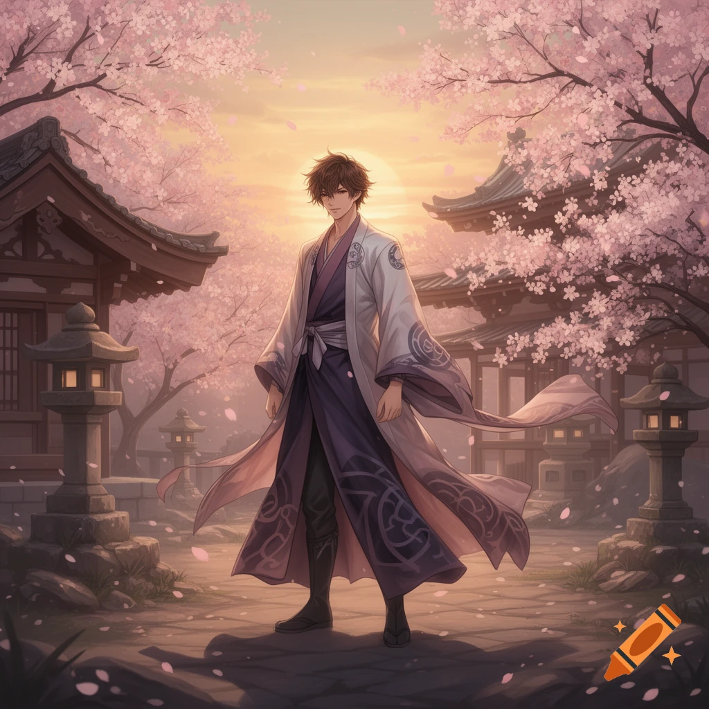 Anime man with brown messy hair in a white and purple kimono stands in a traditional Japanese garden with cherry blossoms and temples at sunset.