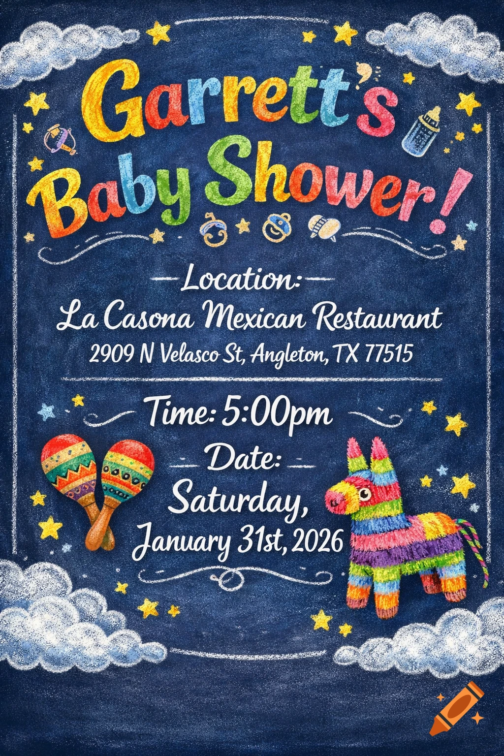 A colorful baby shower invitation for Garrett, featuring chalk art of a piñata, maracas, and stars on a dark blue background with event details.