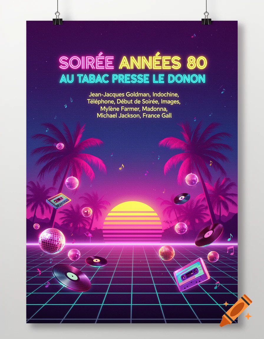 A vibrant 80s synthwave party poster with neon text, palm trees, disco balls, vinyls, and a grid floor under a stylized sunset.
