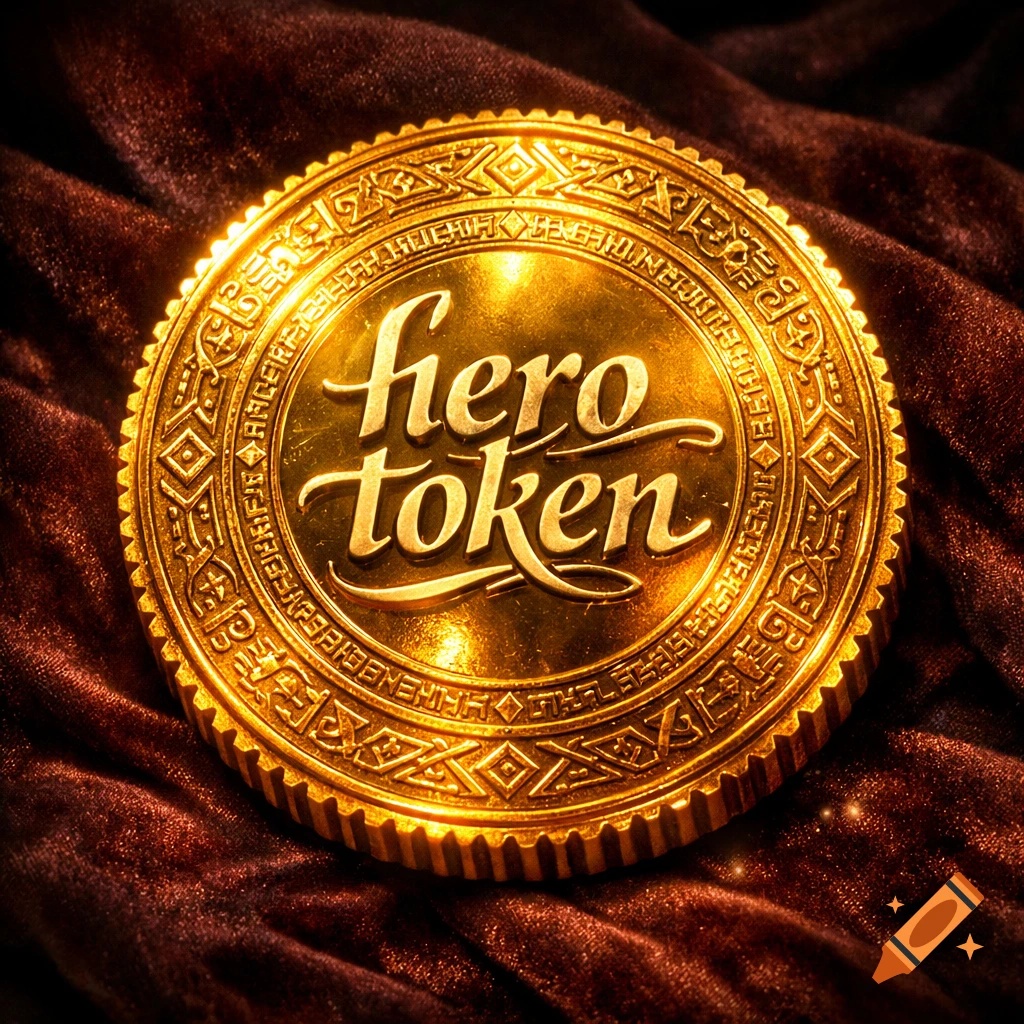 A close-up of a shiny gold coin with the words 'hero token' embossed in a stylized script font, resting on a dark velvet surface.