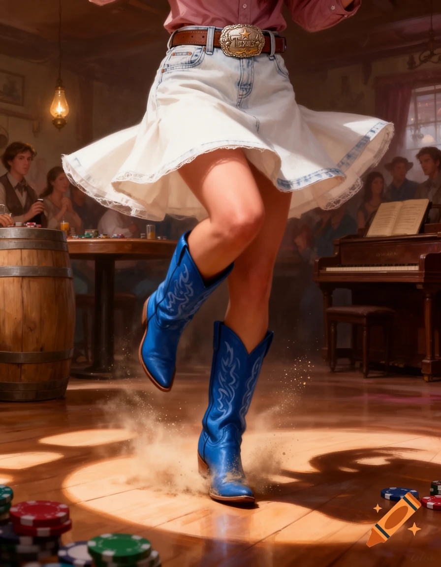 Cowgirl in white denim skirt, Texas belt buckle, and blue cowboy boots dancing, kicking up dust in a Wild West saloon.