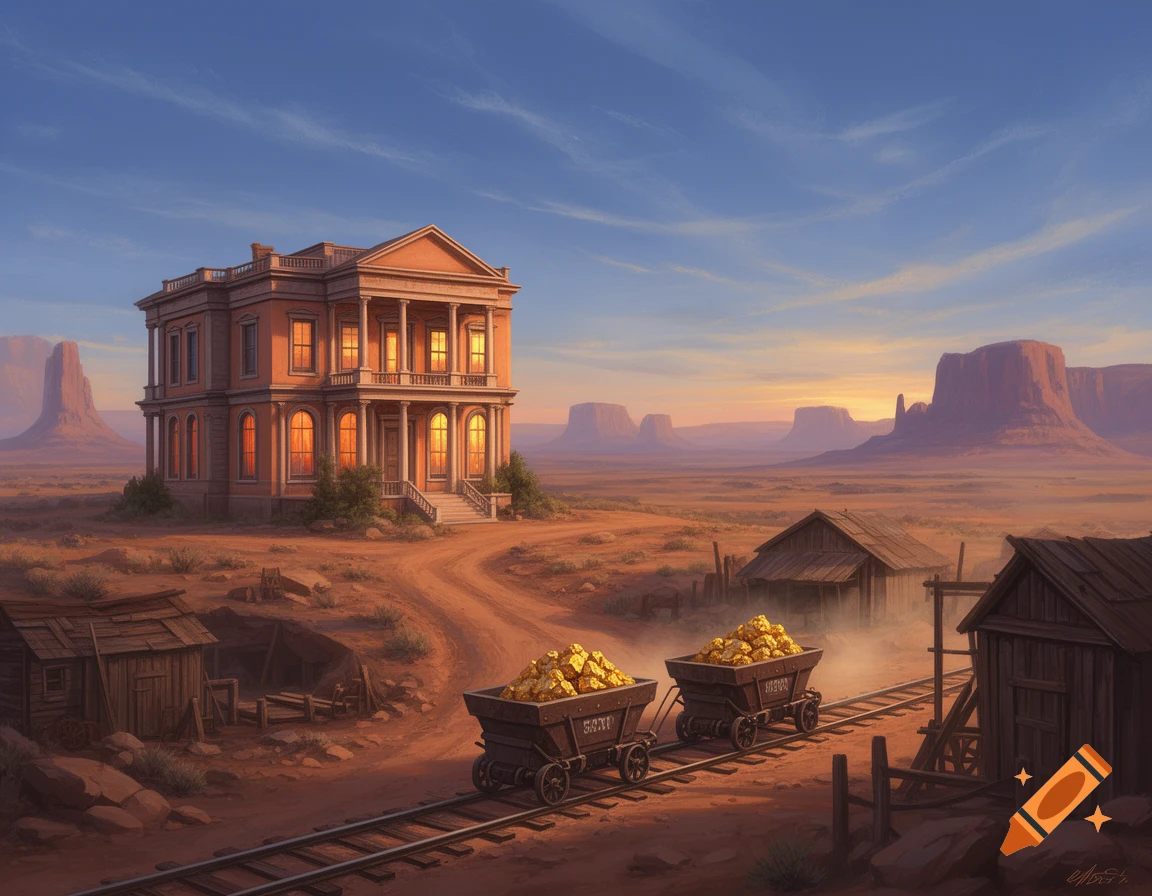 A grand villa in a Wild West desert landscape with mesas, a gold mine, and two mine carts full of gold on tracks at sunset.