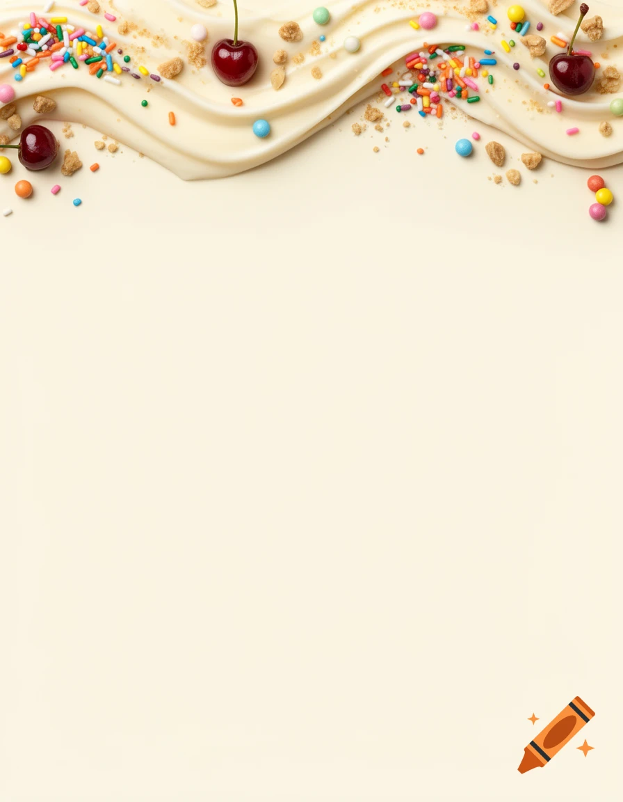 Wavy vanilla ice cream, colorful sprinkles, crushed nuts, and red cherries form a decorative border on a pale cream background.