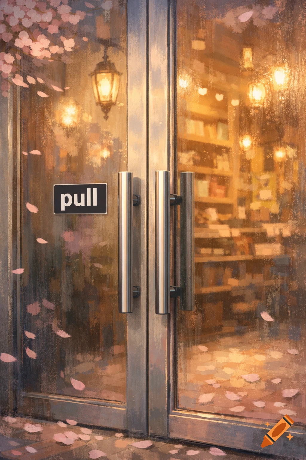 Painterly image of a shop's glass door with a 'pull' sign, reflecting interior lights, with falling pink cherry blossoms.
