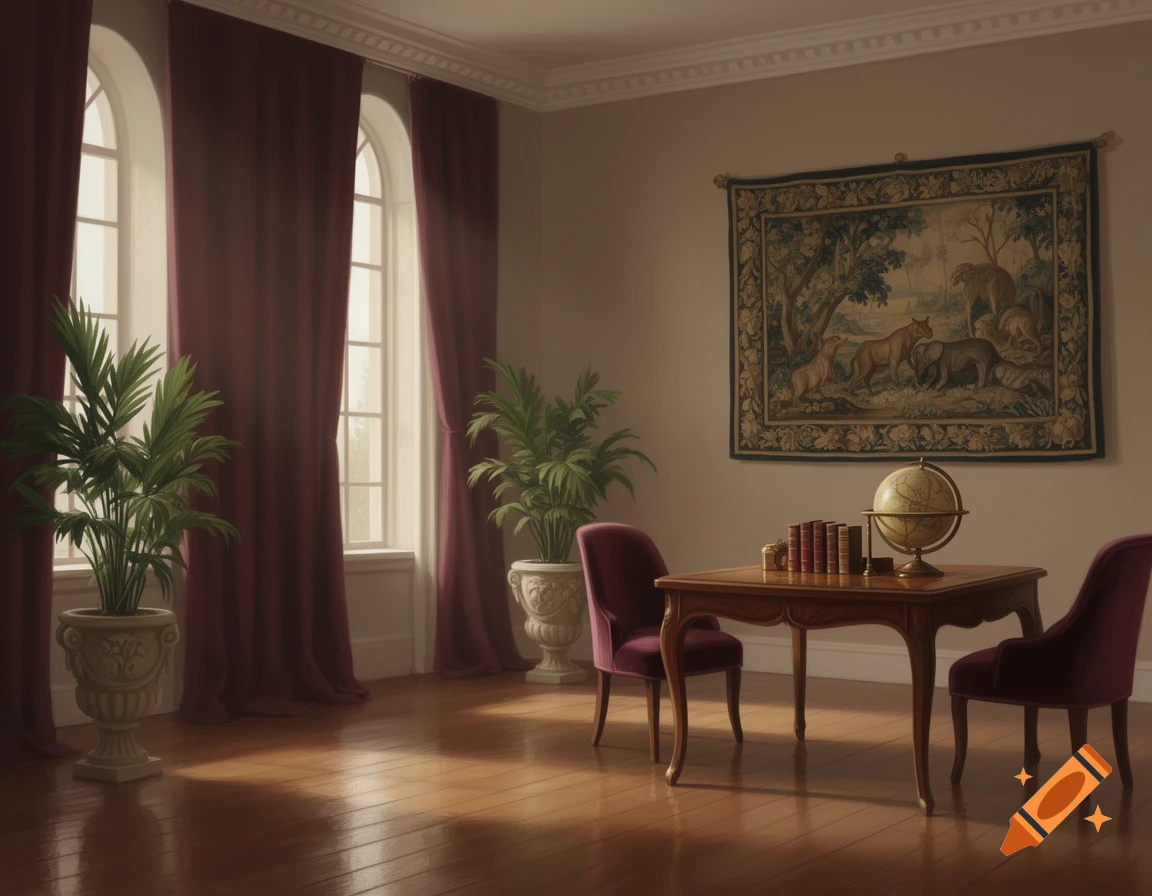 A classical-style room with arched windows, red curtains, potted plants, a wooden desk with a globe and books, and a tapestry on the wall.